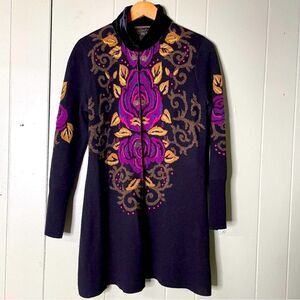 Icelandic Design Floral Velvet Collar Zip Cardigan Sweater Jacket Women's Medium